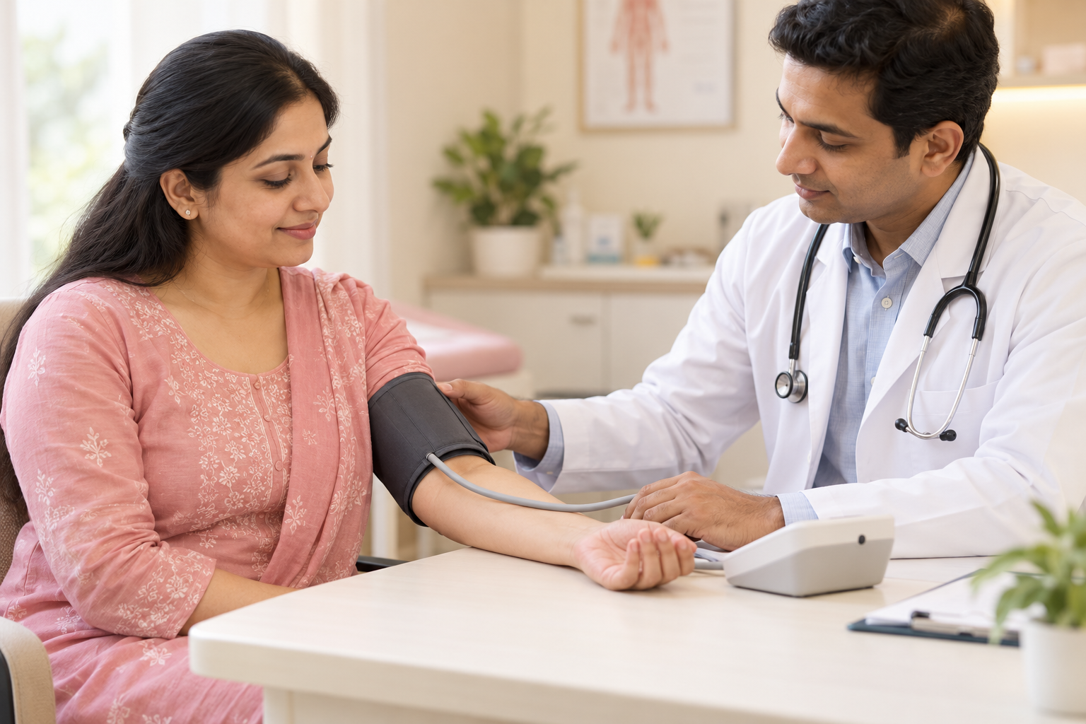 A clinician measuring a patient’s blood pressure during a consultation